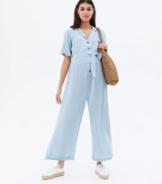 New Look Maternity Pale Blue Revere Collar Belted Wide Leg Jumpsuit
